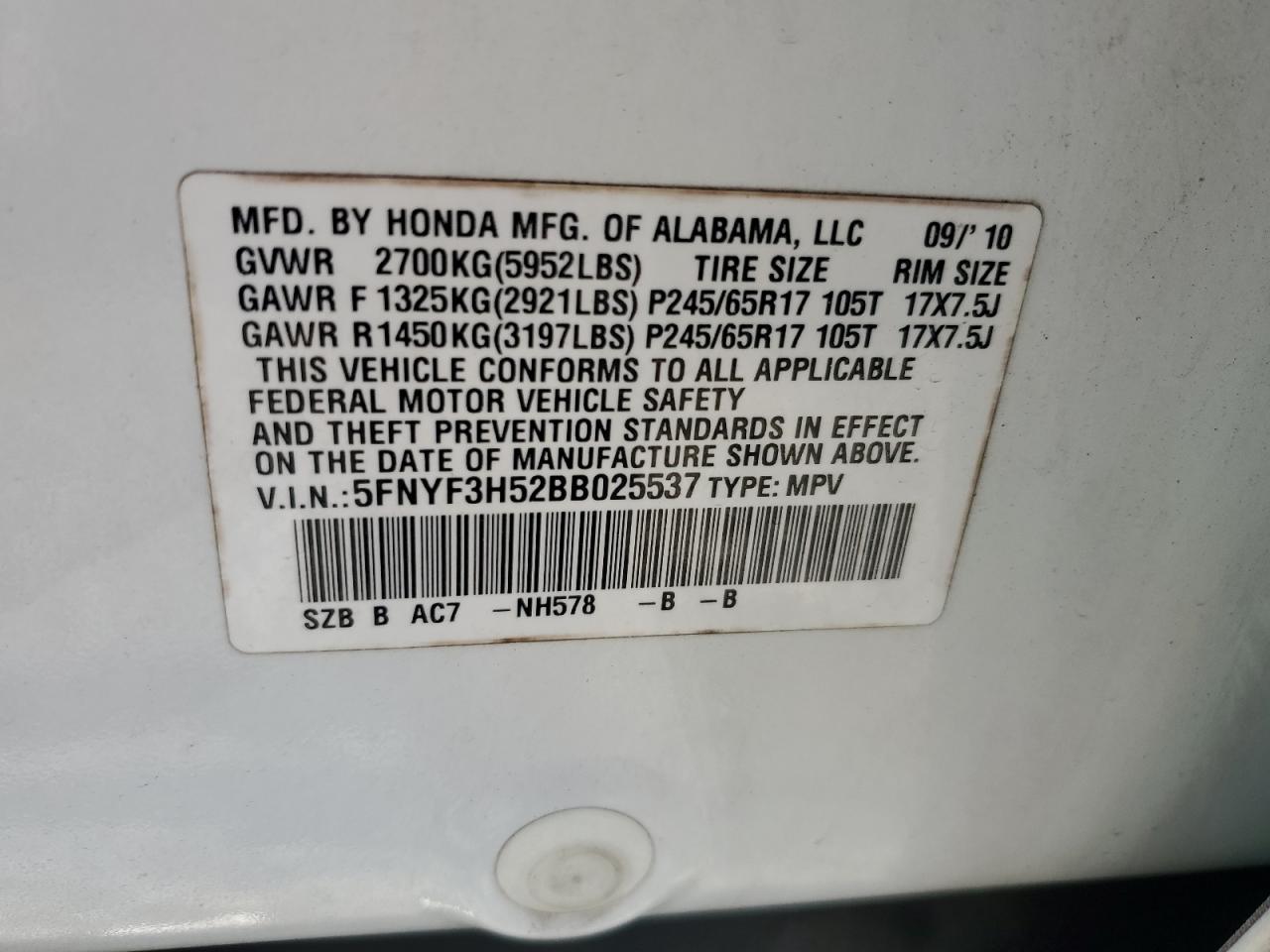 5FNYF3H52BB025537 2011 Honda Pilot Exl