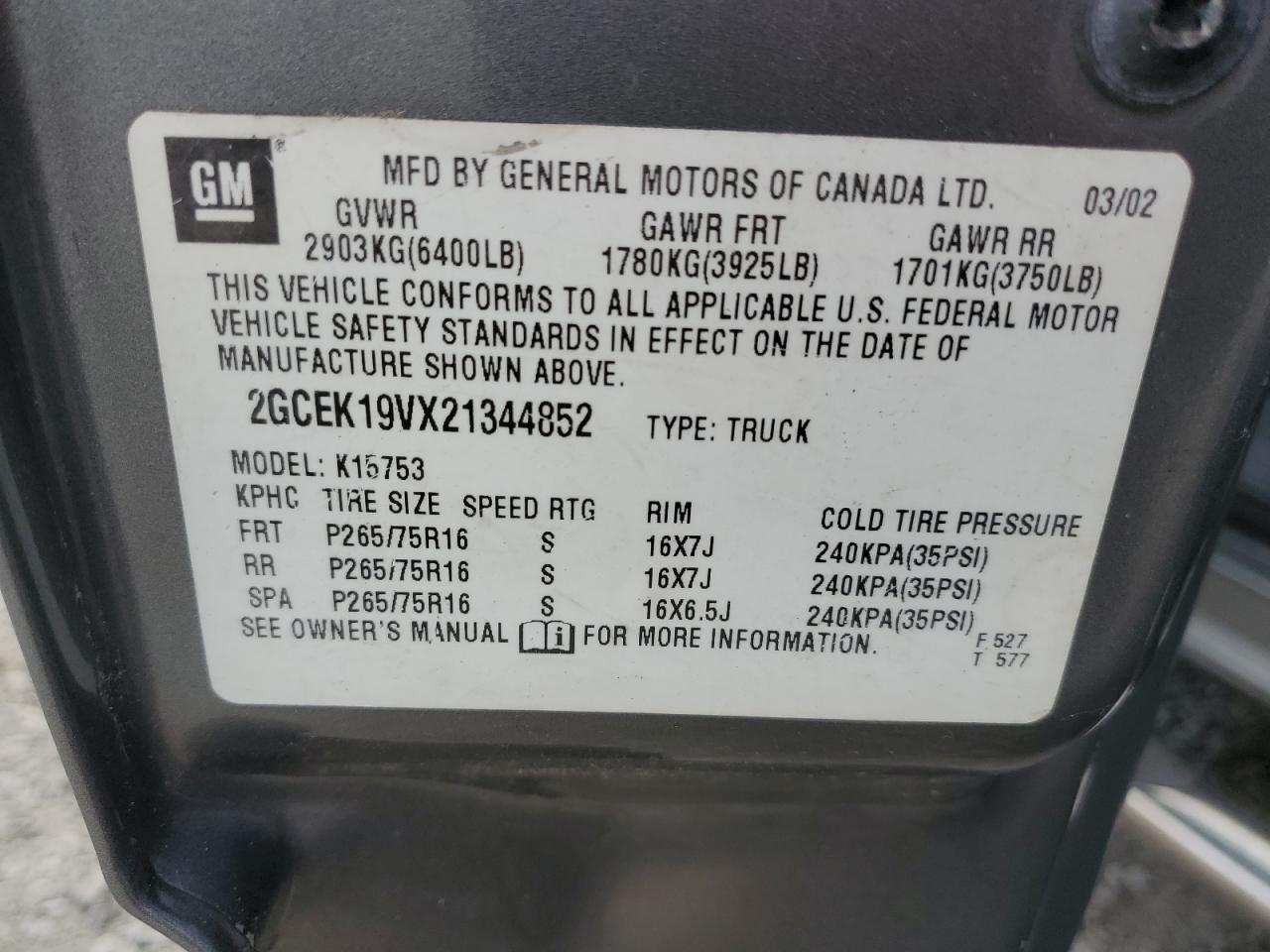 2GCEK19VX21344852 2002 Chevrolet Silverado K1500