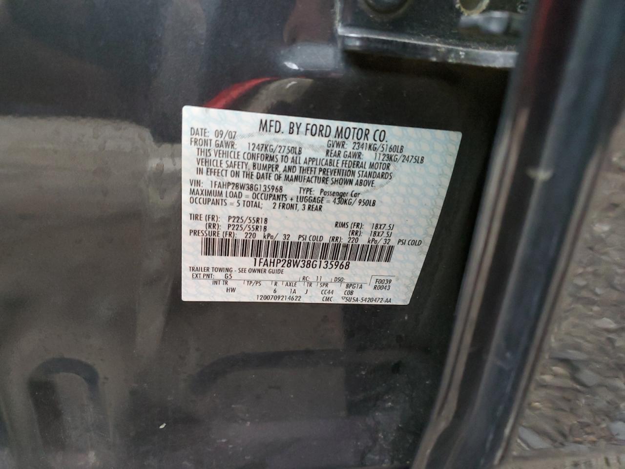 1FAHP28W38G135968 2008 Ford Taurus Limited