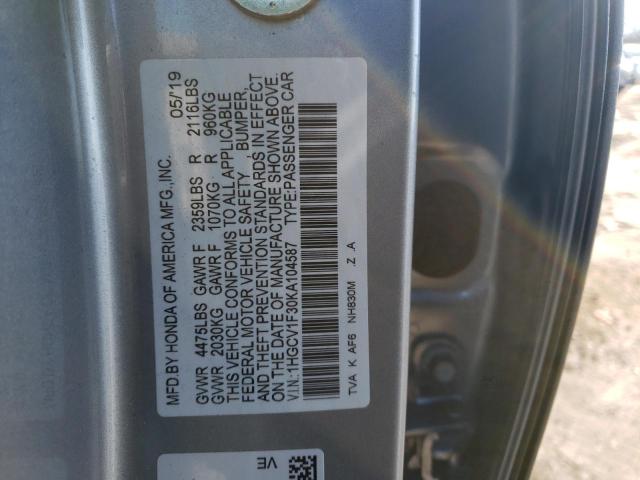 VIN 1HGCV1F30KA104587 2019 Honda Accord, Sport no.12