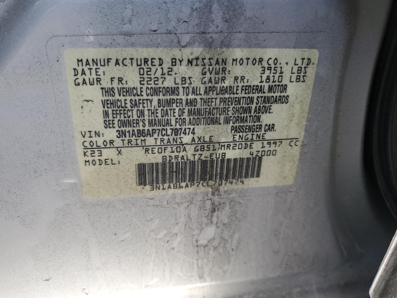 3N1AB6AP7CL707474 2012 Nissan Sentra 2.0