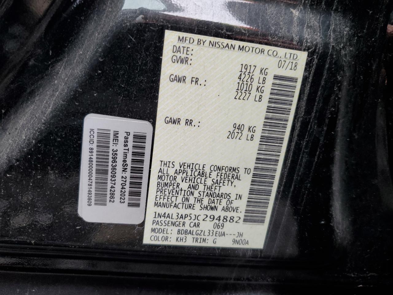 VIN: 1N4AL3AP5JC294882 2018 NISSAN ALTIMA