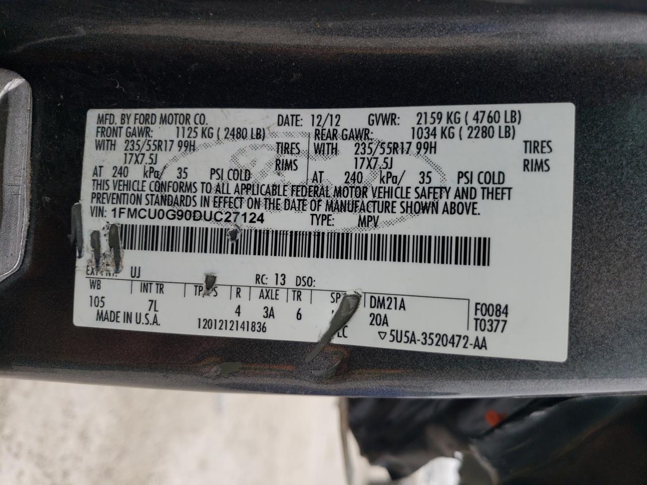 1FMCU0G90DUC27124 2013 Ford Escape Se