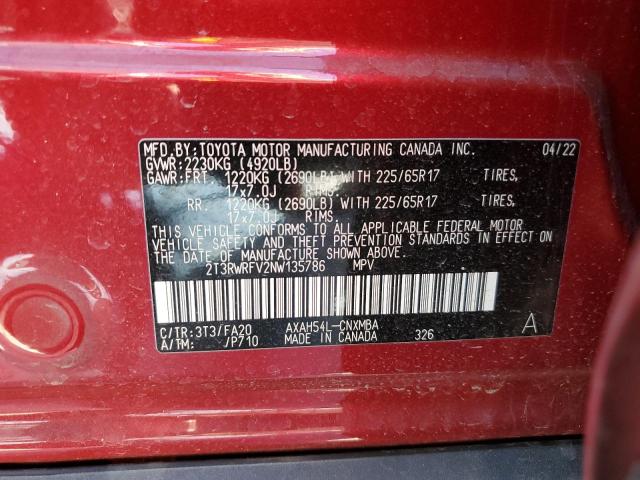 VIN 2T3RWRFV2NW135786 2022 TOYOTA RAV4 no.13