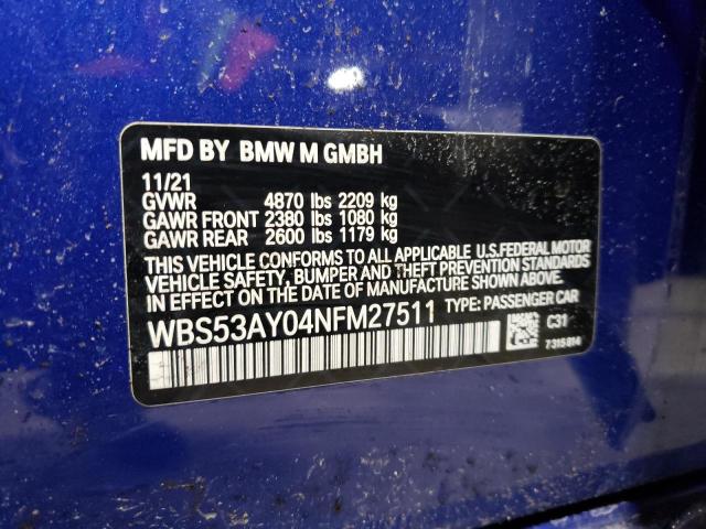 VIN WBS53AY04NFM27511 2022 BMW M3 no.12