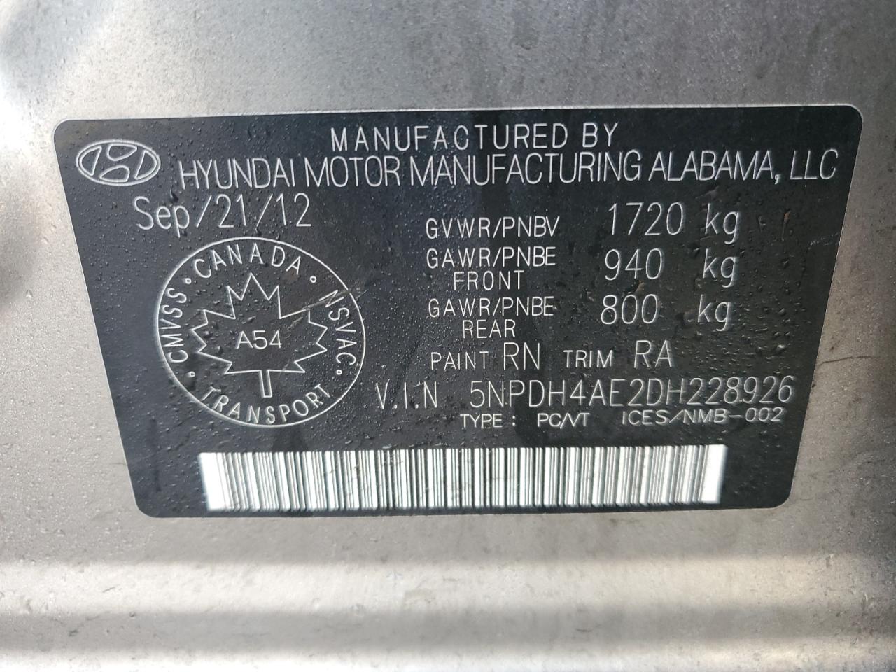 5NPDH4AE2DH228926 2013 Hyundai Elantra Gls