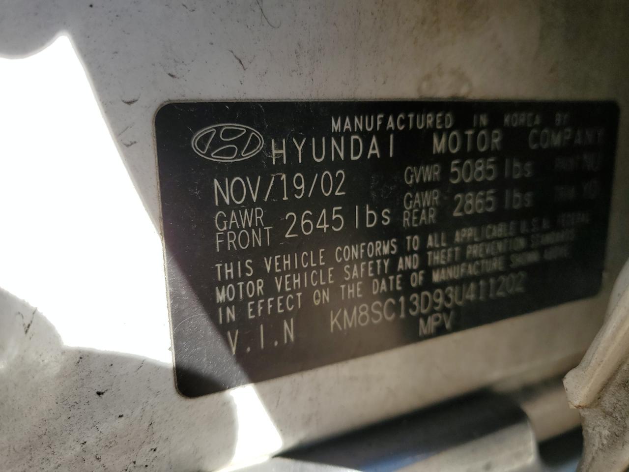 KM8SC13D93U411202 2003 Hyundai Santa Fe Gls