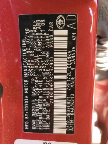 2019 TOYOTA COROLLA L 2T1BURHE7KC147930