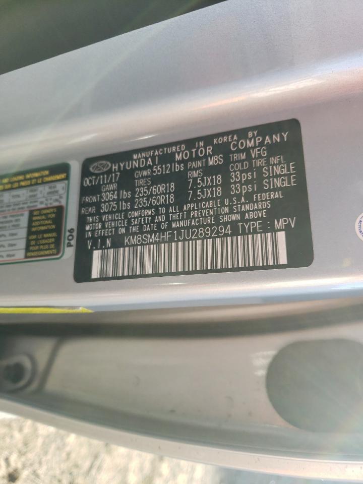 KM8SM4HF1JU289294 2018 Hyundai Santa Fe Se