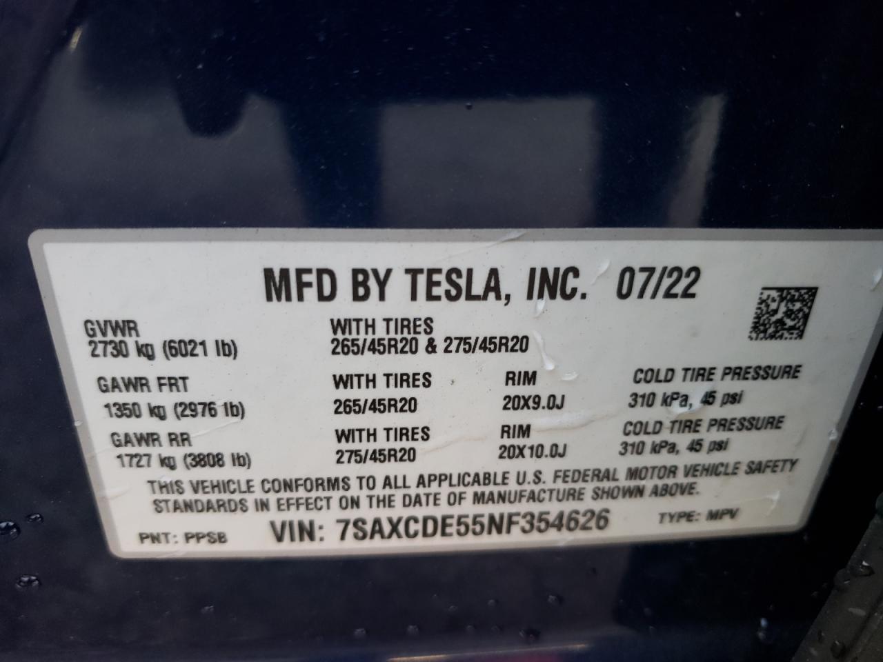 7SAXCDE55NF354626 2022 Tesla Model X