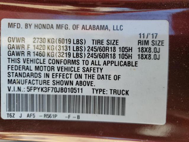 2018 HONDA RIDGELINE - 5FPYK3F70JB010511