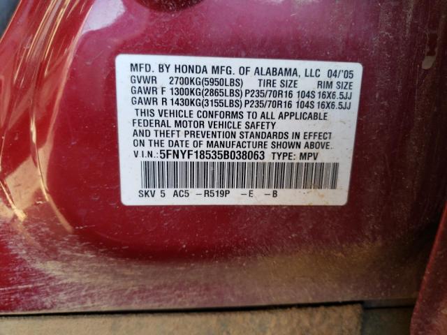 2005 Honda Pilot Exl VIN: 5FNYF18535B038063 Lot: 44928254