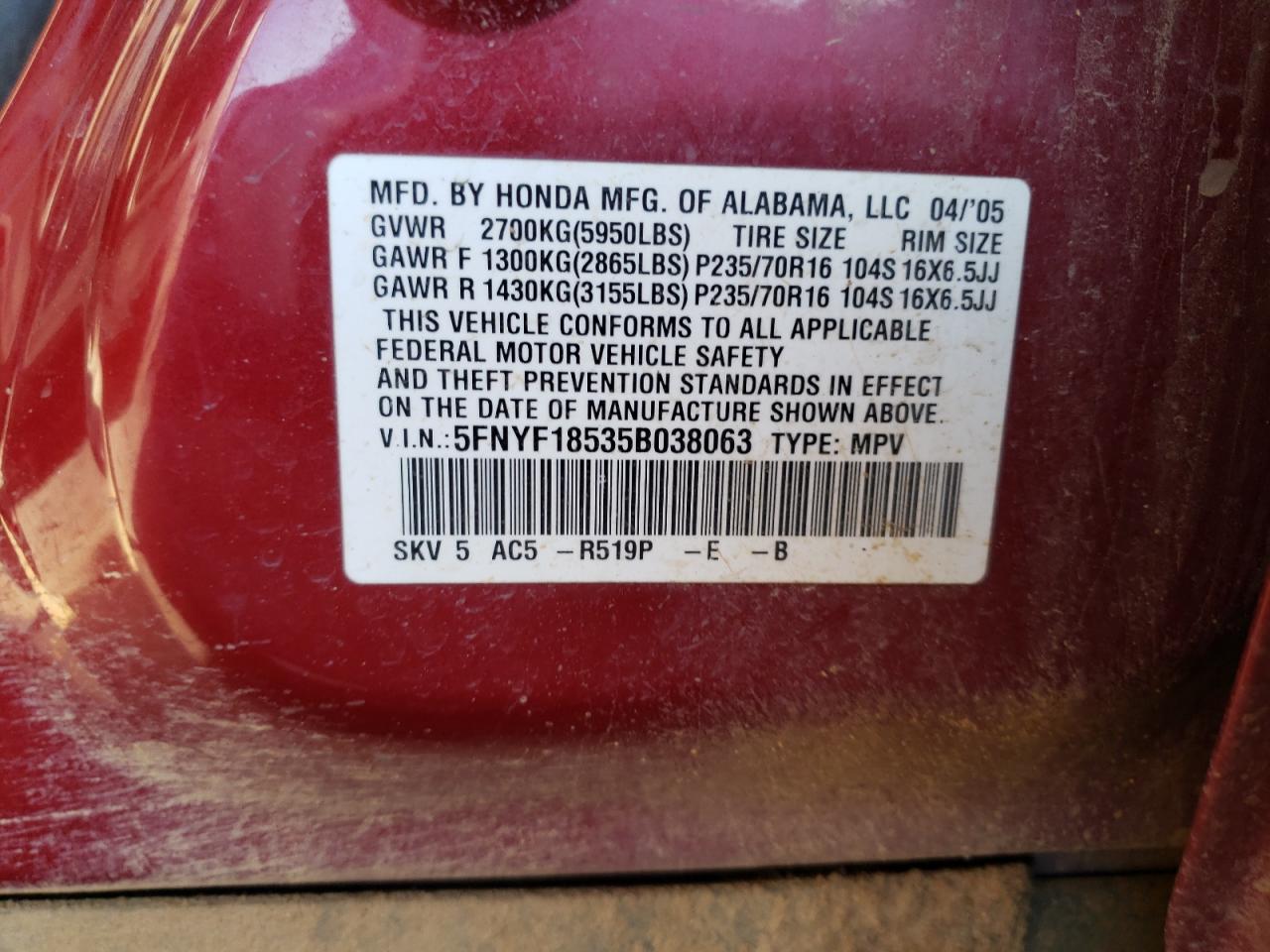 5fnyf18535b038063 5FNYF18535B038063 2005 Honda Pilot Exl
