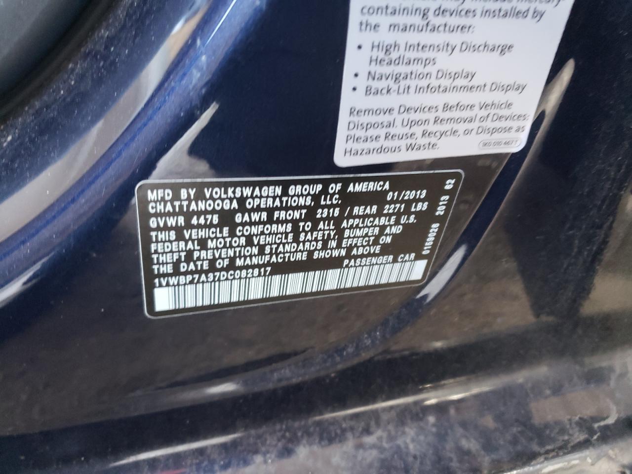 1VWBP7A37DC082817 2013 Volkswagen Passat Se