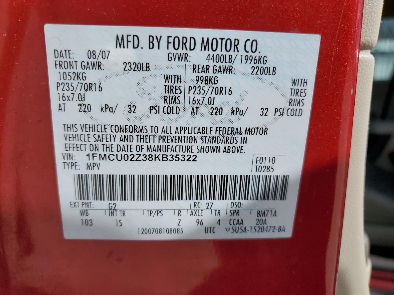 1FMCU02Z38KB35322 2008 Ford Escape Xls