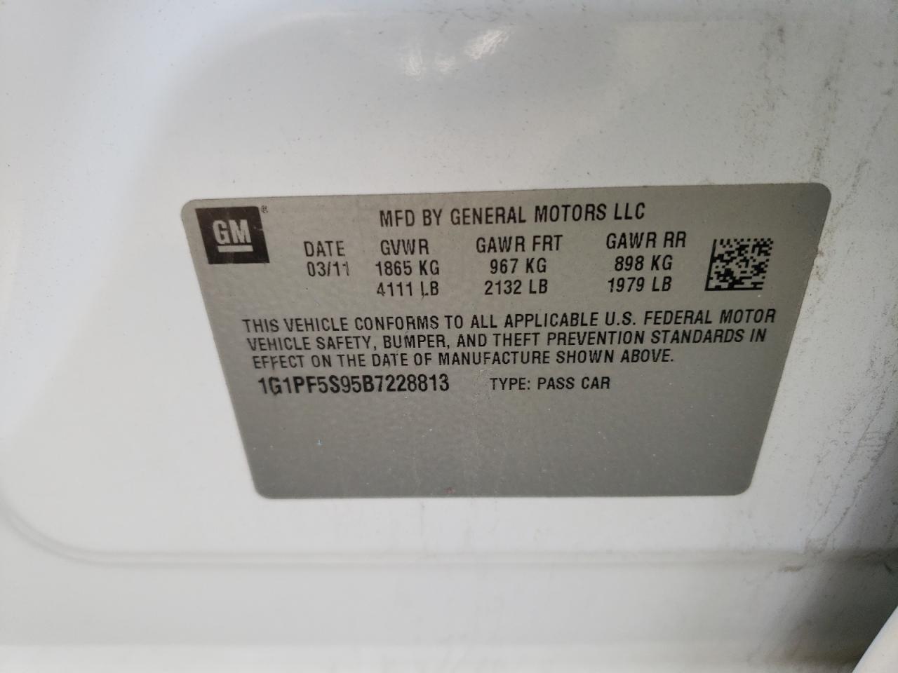 1G1PF5S95B7228813 2011 Chevrolet Cruze Lt