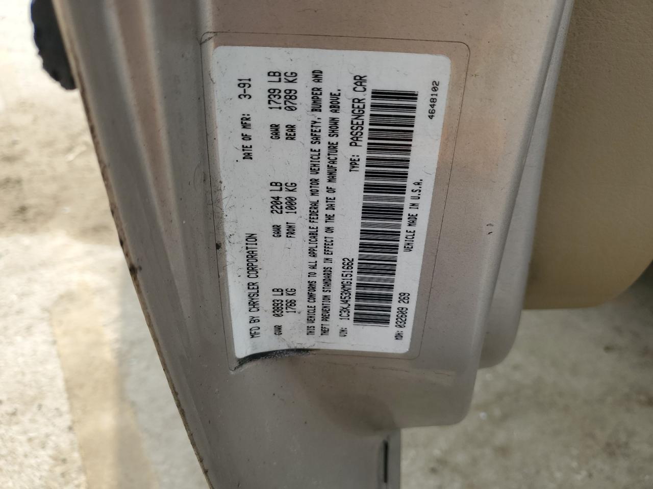 1c3xj453xmg151662 1C3XJ453XMG151662 1991 Chrysler Lebaron