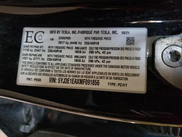 2021 Tesla Model 3 VIN: 5YJ3E1EAXMF091856 Lot: 45273844