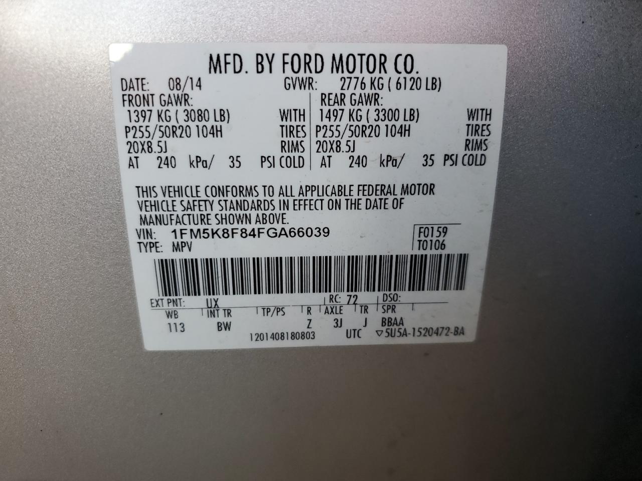 1FM5K8F84FGA66039 2015 Ford Explorer Limited