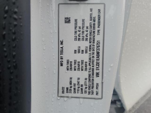2022 TESLA MODEL 3 5YJ3E1EA6NF376751