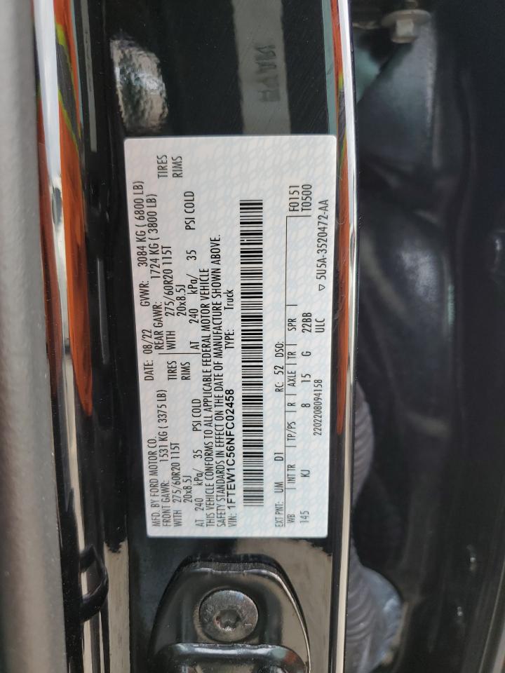VIN: 1FTEW1C56NFC02458 2022 FORD F-150