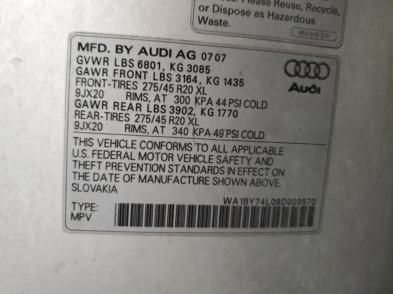 wa1by74l08d009570 WA1BY74L08D009570 2008 Audi Q7 3.6 Quattro Premium