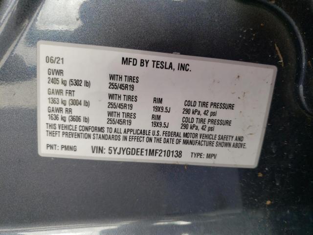 2021 TESLA MODEL Y 5YJYGDEE1MF210138