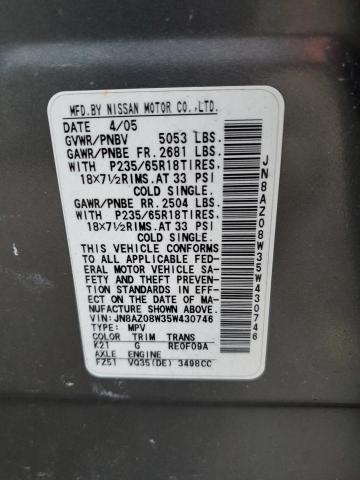 2005 Nissan Murano Sl VIN: JN8AZ08W35W430746 Lot: 62277264