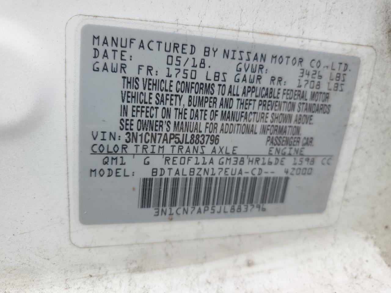 3N1CN7AP5JL883796 2018 Nissan Versa S