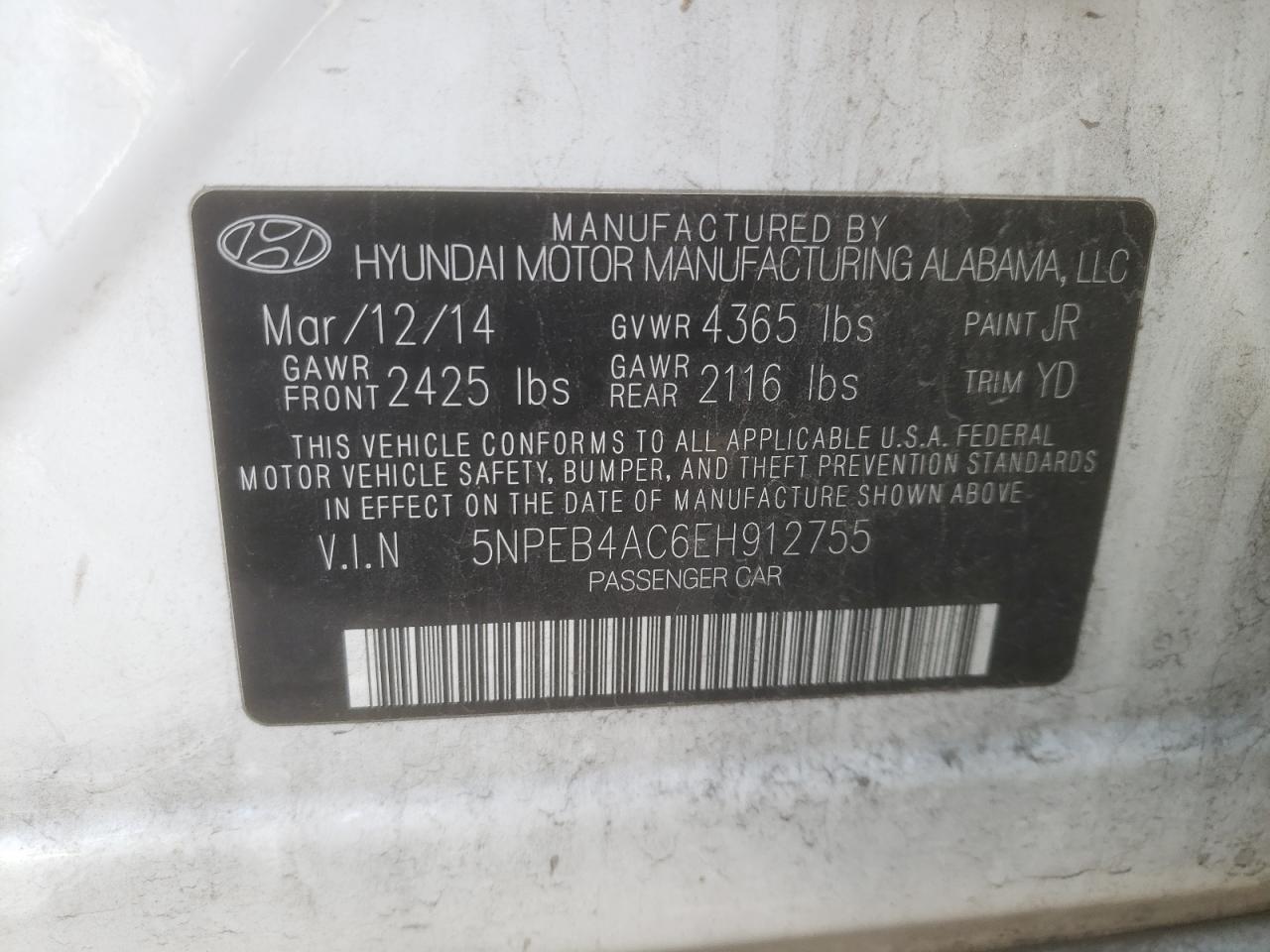 5NPEB4AC6EH912755 2014 Hyundai Sonata Gls