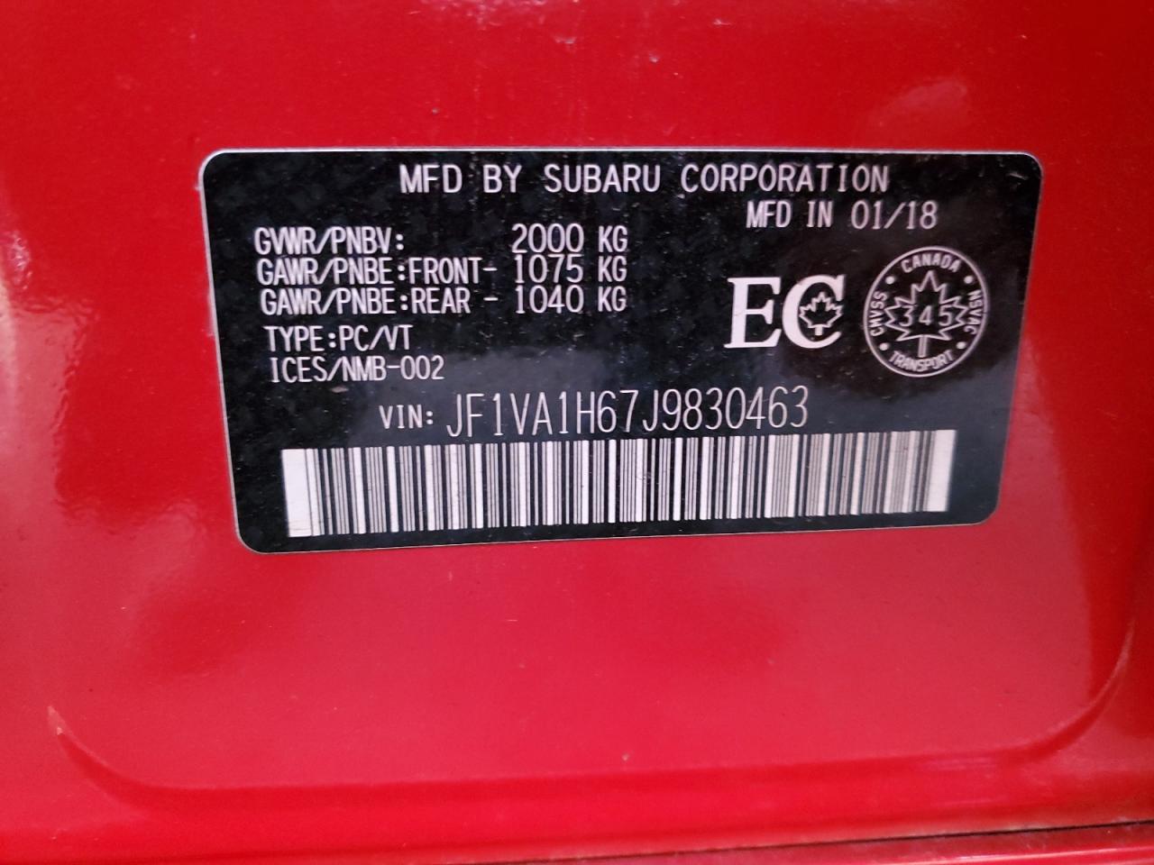 2018 Subaru Wrx Limite 2.0L(VIN: JF1VA1H67J9830463