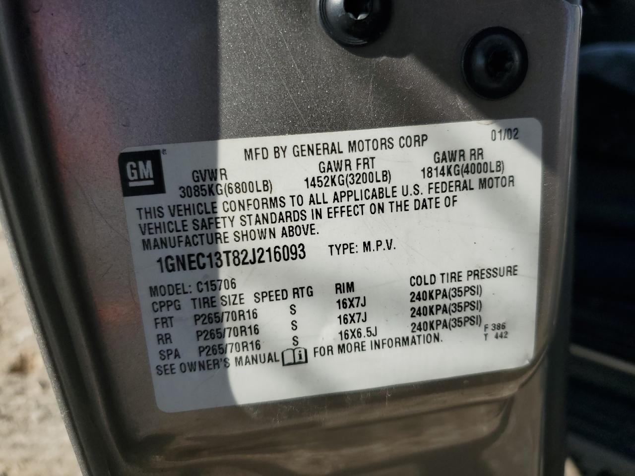 1GNEC13T82J216093 2002 Chevrolet Tahoe C1500