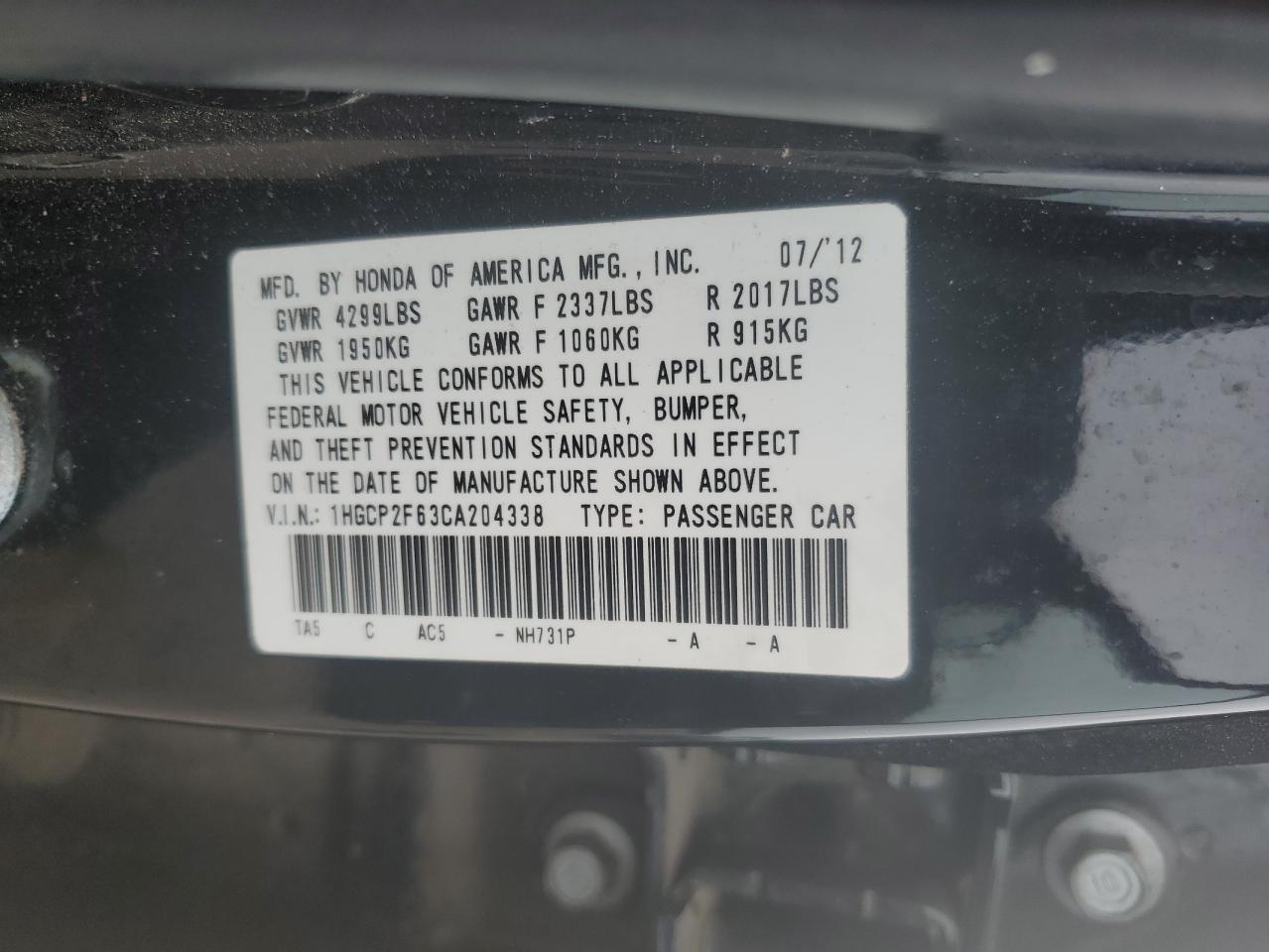 1HGCP2F63CA204338 2012 Honda Accord Se