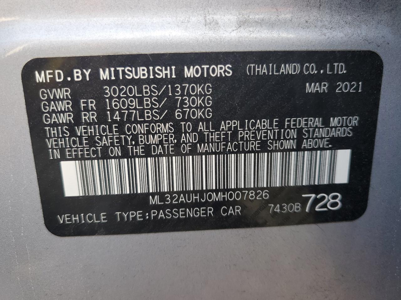 ML32AUHJ0MH007826 2021 Mitsubishi Mirage Es