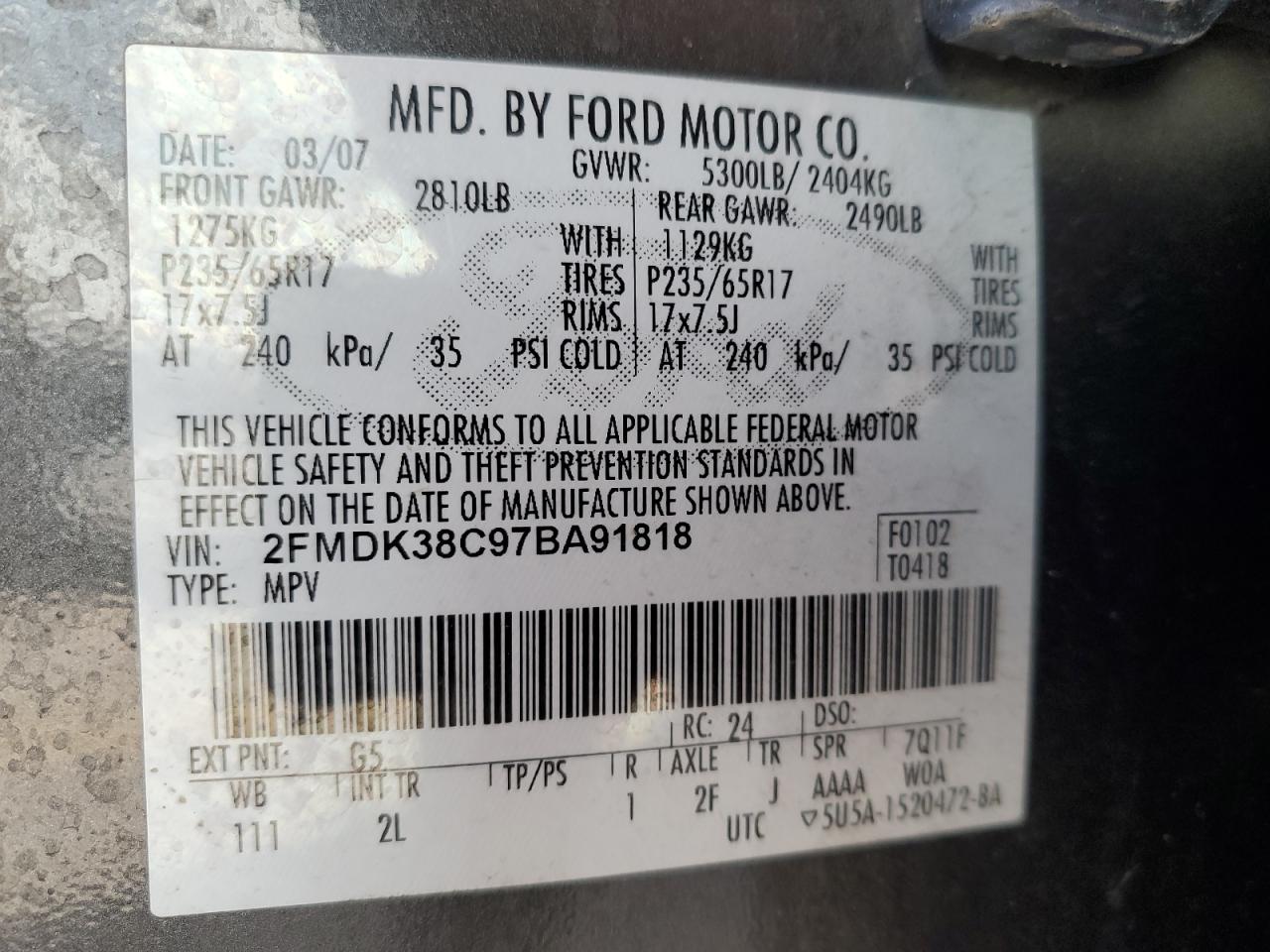 2FMDK38C97BA91818 2007 Ford Edge Sel