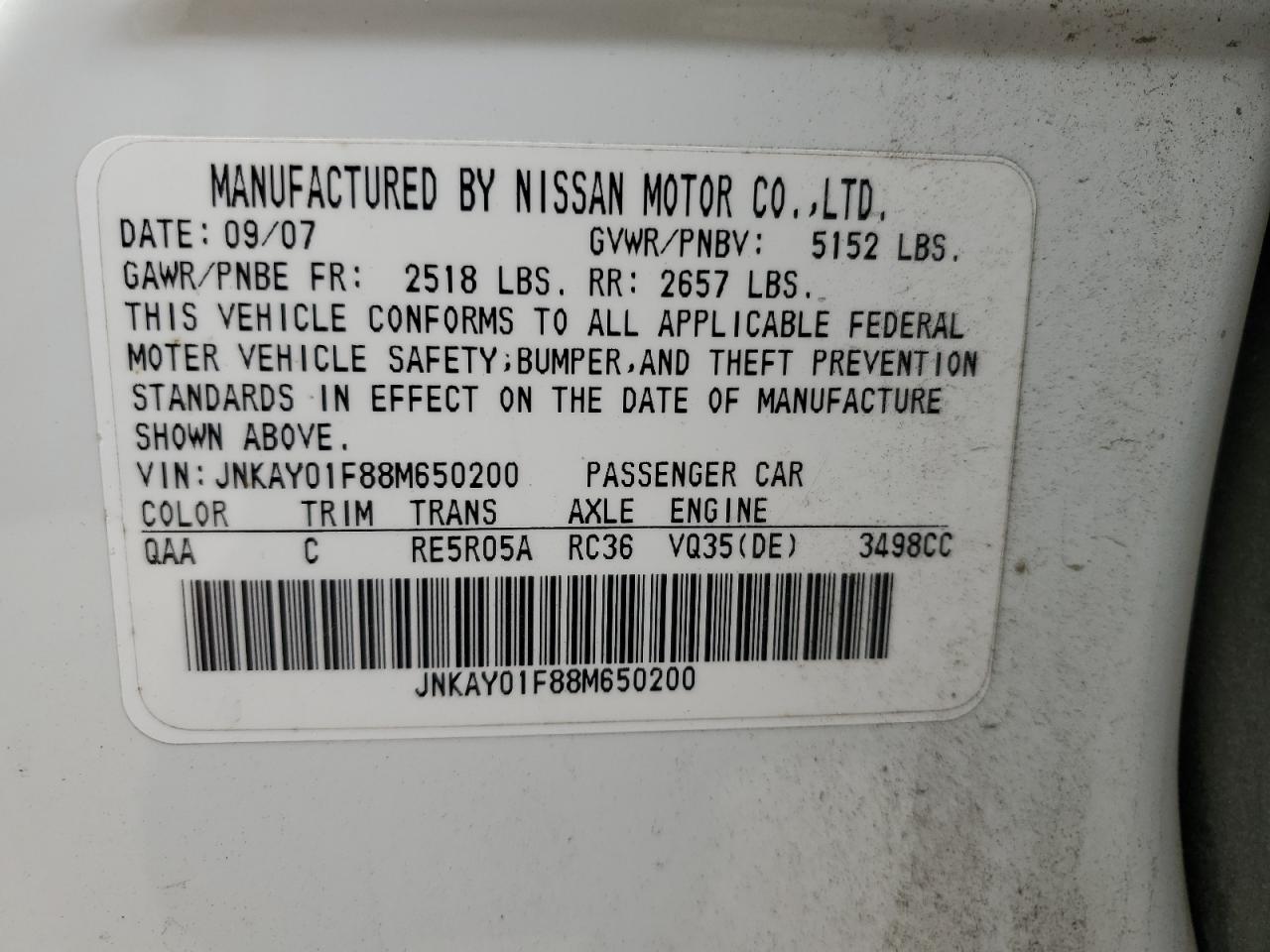 JNKAY01F88M650200 2008 Infiniti M35 Base