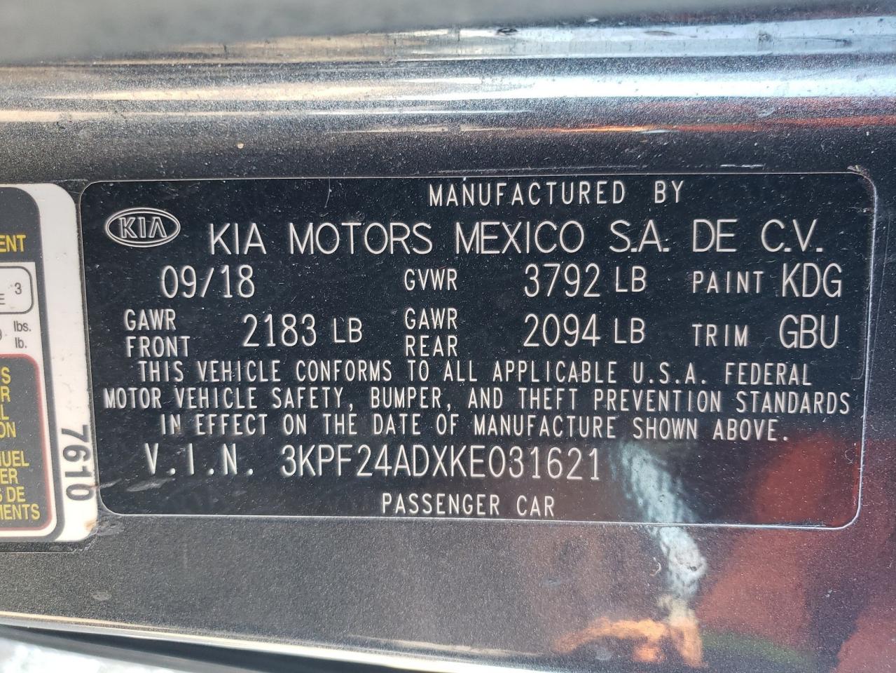 3KPF24ADXKE031621 2019 Kia Forte Fe