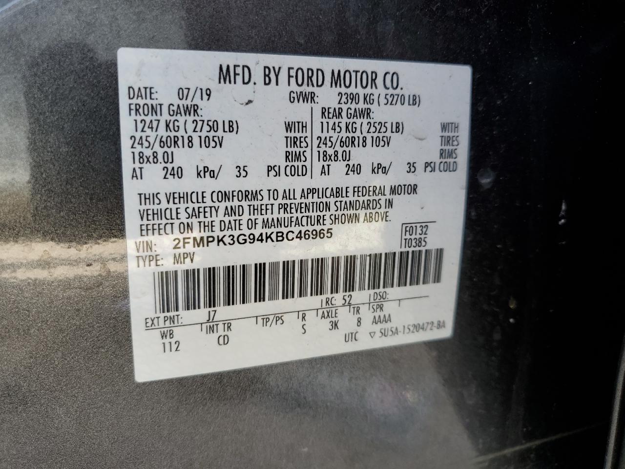 2019 Ford Edge Se vin: 2FMPK3G94KBC46965