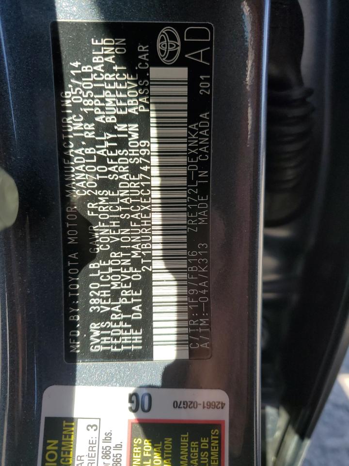 2T1BURHEXEC174799 2014 Toyota Corolla L