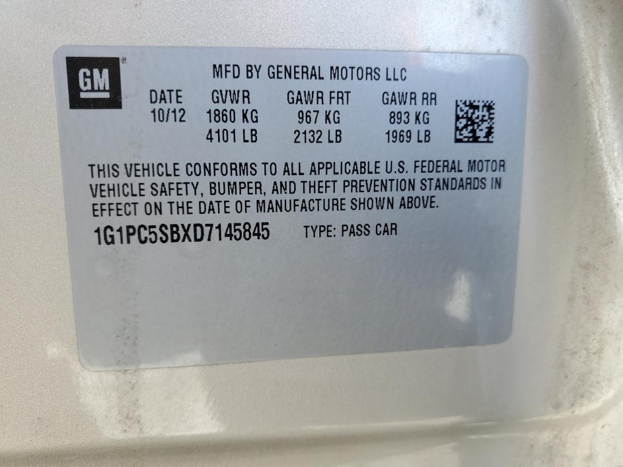 1G1PC5SBXD7145845 2013 Chevrolet Cruze Lt