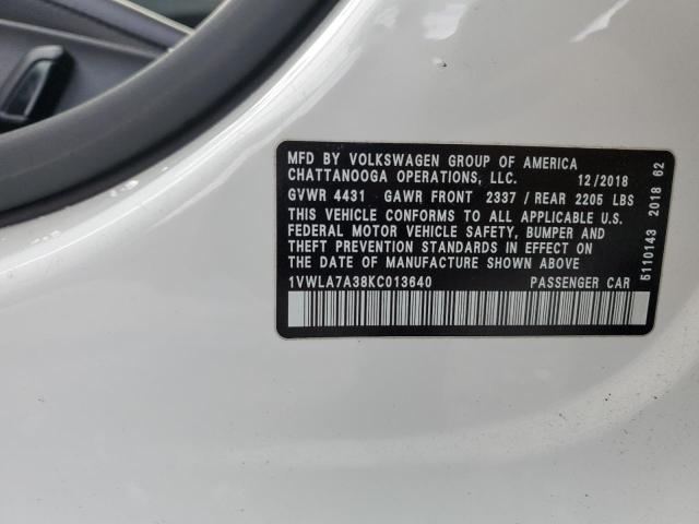 2019 VOLKSWAGEN PASSAT WOL 1VWLA7A38KC013640