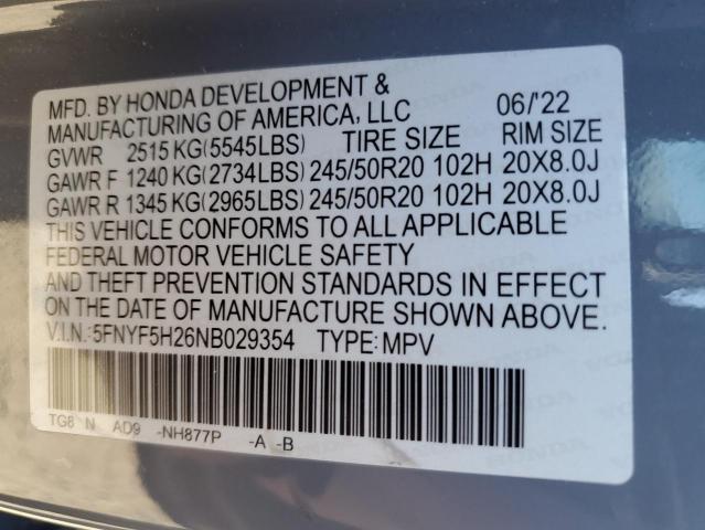 2022 HONDA PILOT SE 5FNYF5H26NB029354
