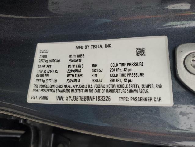 2022 TESLA MODEL 3 5YJ3E1EB0NF183326
