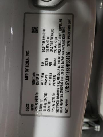 2022 TESLA MODEL 3 - 5YJ3E1EB5NF334516