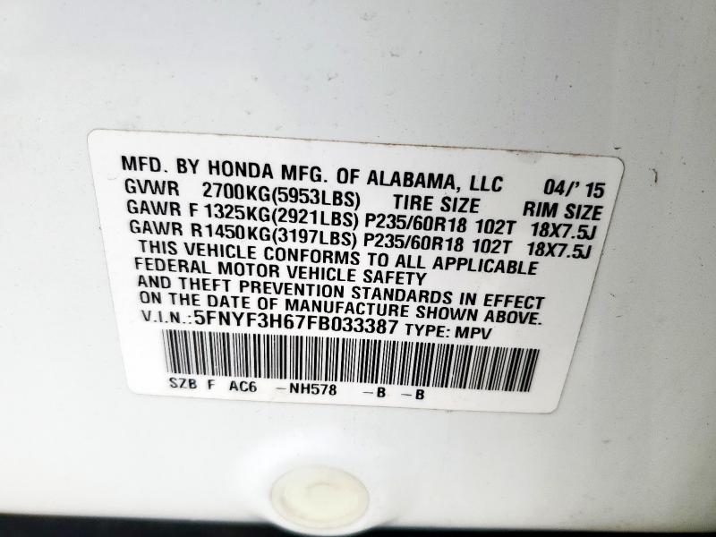 2015 HONDA PILOT EXL - 5FNYF3H67FB033387