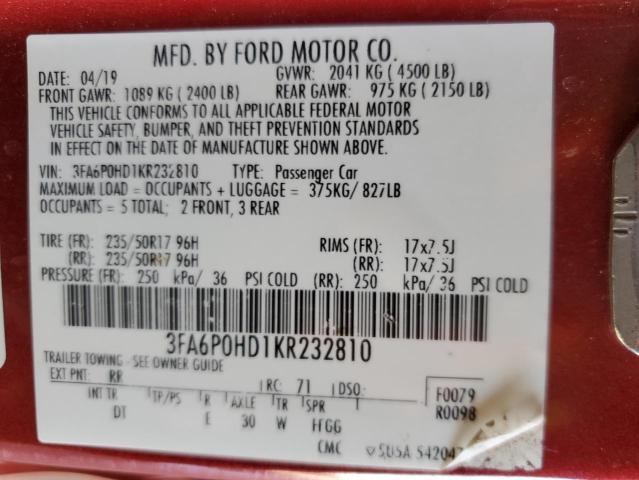 2019 FORD FUSION SE - 3FA6P0HD1KR232810