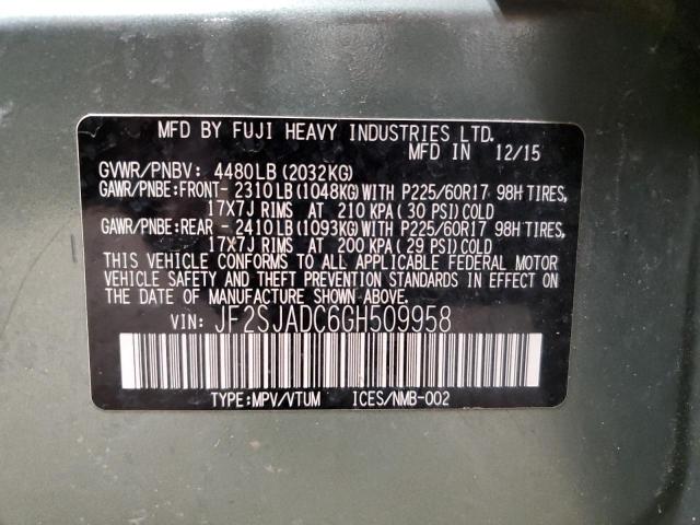 2016 SUBARU FORESTER 2 JF2SJADC6GH509958