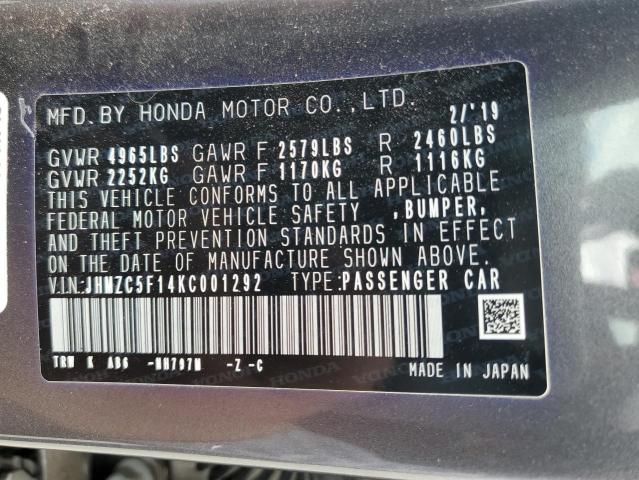 2019 HONDA CLARITY JHMZC5F14KC001292