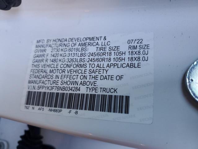 2022 HONDA RIDGELINE - 5FPYK3F76NB034284