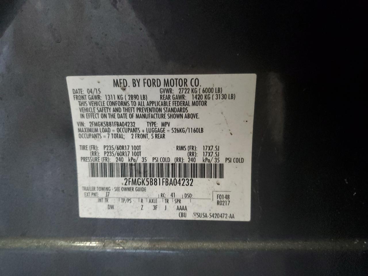 Lot #3316022771 2015 FORD FLEX SE